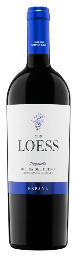 Botella de LOESS BLUE CAP, vino tinto de Ribera del Duero