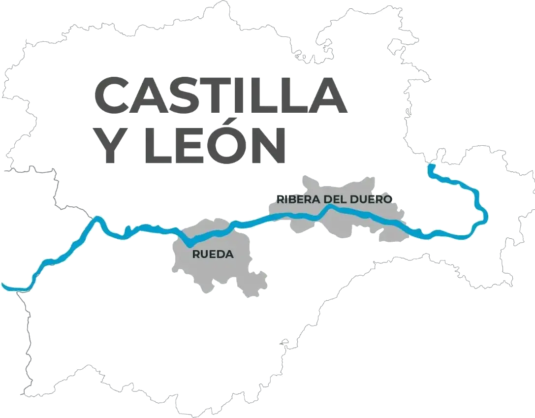 Mapa de Castilla y León con las zonas de Ribera del Duero y Rueda señaladas junto al río Duero